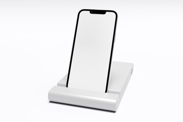 A modern white smartphone mockup with a blank screen standing on gray stand, isolated on a white background. Minimalist design for UI/UX app presentations