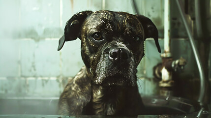 Black dog bathing in a bathtub with water droplets, dark style