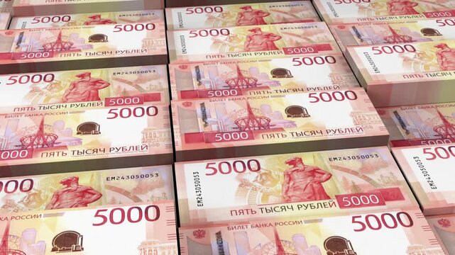 Russia 5000 Ruble Banknote Horizontal 3D Animation ? Financial Money Flow, Business, Banking, Economy Growth, and Currency Exchange Concept Visualization