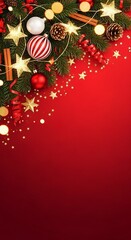 Fototapeta premium Christmas Tree and Lights Corner on Bright Red Background
