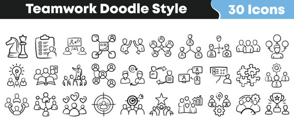 Teamwork doodle icon set with hand drawn collaboration, leadership, communication, organisation and group management symbols