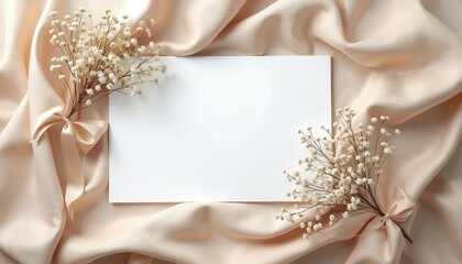 Blank white card rests on draped beige fabric adorned with delicate dried flowers tied with satin ribbons. Perfect for invitations, announcements, or personal messages.