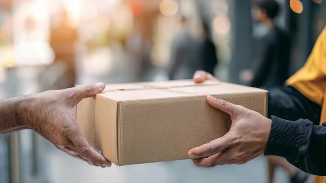 A courier delivers a brown parcel box to a recipient, symbolizing efficient logistics and safe package transfer. The image highlights convenience and reliability in contemporary delivery services