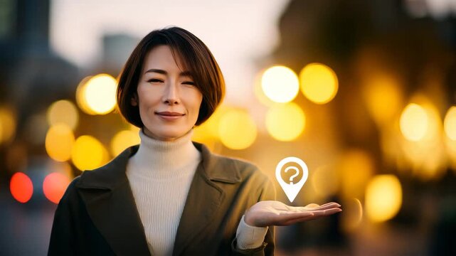 女性が手で問いを示すビジネスシーン