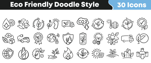 Eco friendly doodle icon set with hand drawn sustainability, recycling, carbon footprint, renewable energy and green living symbols
