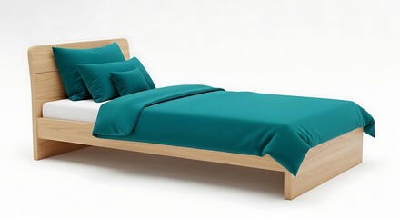Shop modern platform bed frame with teal bedding and pillows for minimalist bedroom decor style home