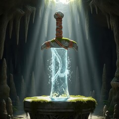 Mystical weapon forged from pure water stands within a dark, illuminated cavern