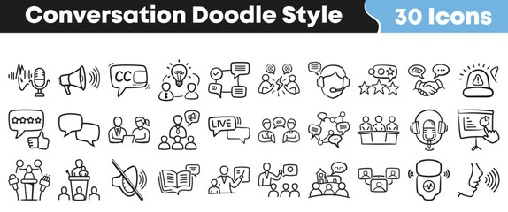 Conversation doodle icon set with hand drawn communication symbols for chat, speech, support, teamwork and presentation concepts
