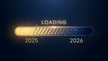 New year countdown loading bar transitioning from 2025 to 2026 with glowing lights