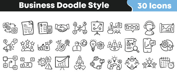 Business doodle icon set with hand-drawn sketches for strategy, finance, workflow, analysis and startup concepts