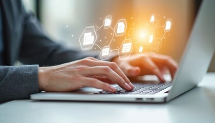 Person uses laptop for digital document management system with file icons connected in network. Data organization and workflow automation online.