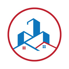 Modern circular real estate city building and home logo vector for property developers, construction companies and realtor branding.