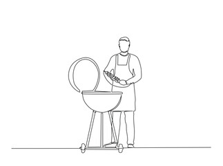 Continuous Line Drawing of man cooking food on bbq grill.