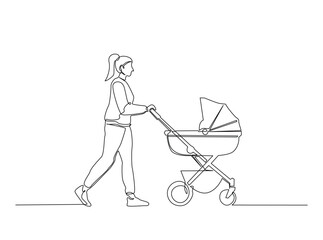 Continuous Line Drawing of Mother Pushing Baby Stroller in Park