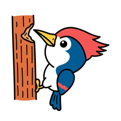 Cartoon Illustration of a Woodpecker Bird Pecking Tree