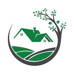 Eco-friendly real estate icon featuring houses inside a nature landscape with tree and hill elements. Perfect for green real estate agencies, eco builders, organic living communities, and environmenta