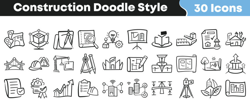 Construction doodle icon set with hand drawn architecture, engineering, planning, safety, building and project management symbols
