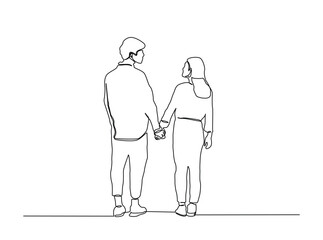 Continuous Line Drawing of Young Couple Walking Away Holding Hands
