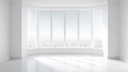 A spacious room features large, clear windows that fill the area with natural light, revealing a panoramic view of a bustling city skyline. The minimalist design creates a tranquil atmosphere