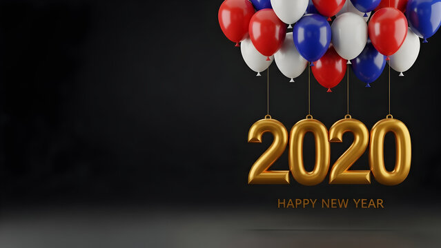 Golden 2020 numbers and patriotic balloons float against a dark background celebrating the new year