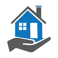 Secure home protection icon featuring a house resting on a protective hand, symbolizing safety, trust, and premium service. insurance companies, property management, real estate agencies, home care se