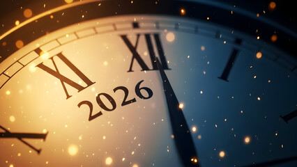 Close up of a vintage clock face showing the year 2026 with sparkling bokeh lights