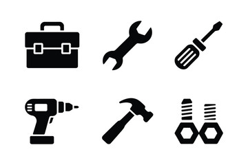 Collection of black silhouetted hand tools and toolbox icons