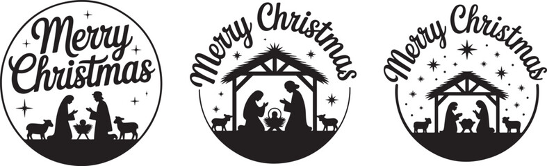 Nativity scene with merry christmas greetings in circle holiday greeting card silhouette style concept
