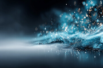 Fototapeta premium Abstract blue and gold particles swirling in a misty atmosphere with copy space for design