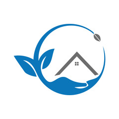 Eco mountain home vector icon with leaf circle for nature real estate, outdoor housing, eco-friendly property and green construction.