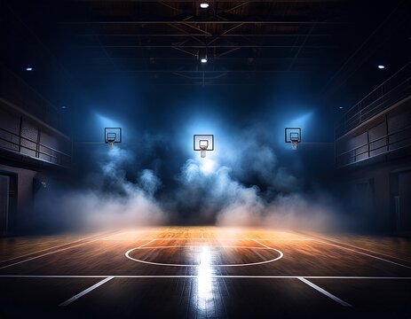 dimly lit basketball court with flickering fluorescent lights amidst a thick haze of eerie smoke