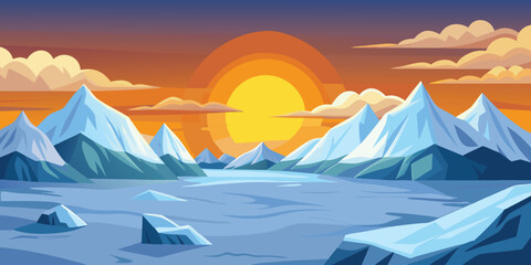 Sunrise over a cold winter mountain landscape with snow, ice, and blue sky