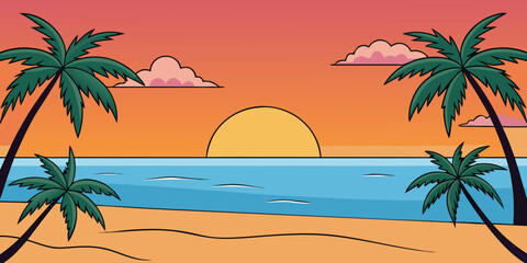 Tropical palm trees silhouette against a sunset sky over the ocean waves on a summer beach vacation island