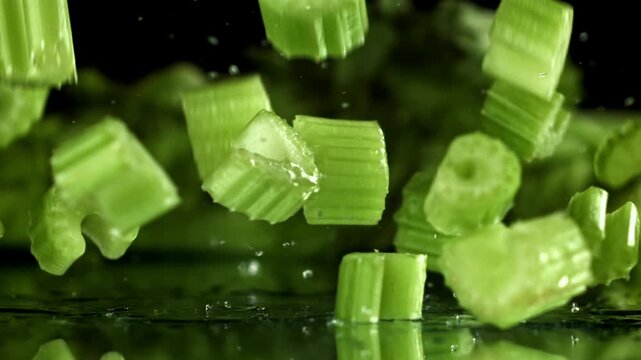 Sliced pieces of fresh celery fall on the table. Filmed on a high-speed camera at 1000 fps. High quality FullHD footage
