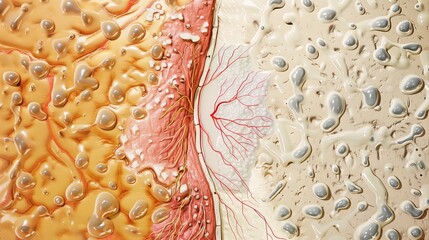 World Leprosy Day: Split-screen medical illustration comparing healthy skin tissue versus leprosy-affected tissue, detailed cross-sectional anatomical view, educational dermatology diagram