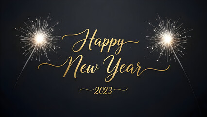 Sparkling happy new year 2023 with golden script and fireworks on dark background