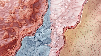 World Leprosy Day: Split-screen medical illustration comparing healthy skin tissue versus leprosy-affected tissue, detailed cross-sectional anatomical view, educational dermatology diagram