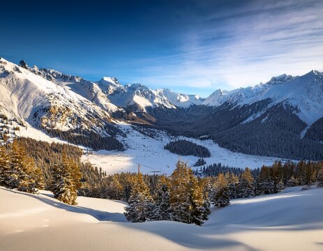 snowy mountain valley panorama