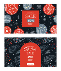 Naklejka premium Winter Banners For Christmas Promotions. Abstract Vector design of Christmas balls, coniferous branches for postcards, posters, web pages