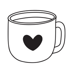 A simple line drawing of a white mug with a black heart on it and a handle isolated on white vector