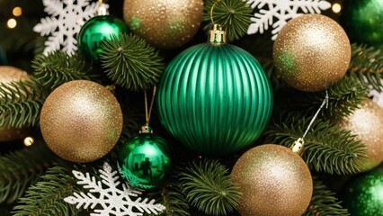 Fototapeta premium Festive Christmas ornaments green gold baubles on fir tree branches with snowflakes.
