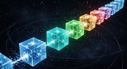 Glowing, interconnected digital cubes form a linear chain structure extending into dark space