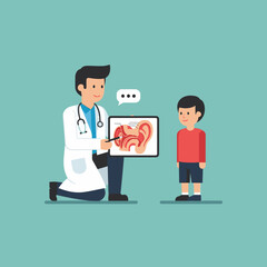A friendly doctor kneels down to explain the anatomy of the ear to a young boy using a tablet, promoting health and well-being in a medical setting.