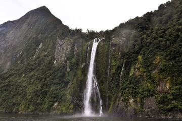 Majestic waterfall cascading down a steep green cliff in Milford Sound, New Zealand, surrounded by lush rainforest and misty atmosphere.