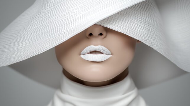 close up fashion portrait of woman with white lipstick and wide brimmed hat covering eyes, monochromatic beauty concept