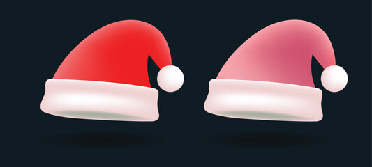 Red an pink color Christmas Santa hat icons on dark background