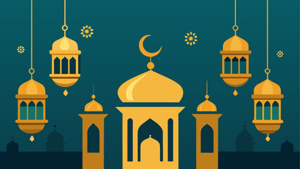 Islamic mosque and lanterns with crescent moon decoration