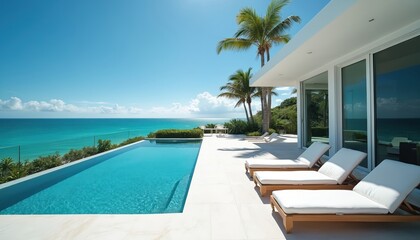 Luxurious oceanfront villa with stunning views. Modern home features pool sun loungers palm trees and tropical landscape. Exterior design home lifestyle and vacation concept.