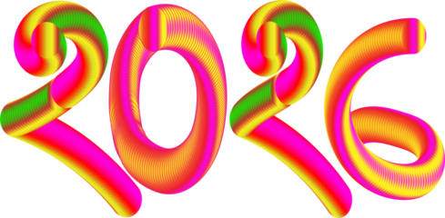 Vibrant 3d numbers 2026 with swirling colors on black background