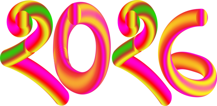 Vibrant 3d numbers 2026 with swirling colors on black background